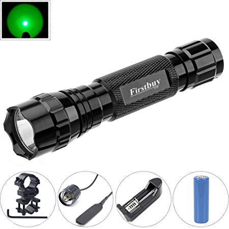 WJZXTEK Green Hunting Flashlight, LED Green Light Portable Torch Handheld Lamp Tactical LED Flashlight Coyote Hog Pig LED Flashlight, Remote Pressure Switch, 18650 Rechargeable Battery and Charger