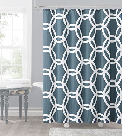Slate Blue and White Embossed Fabric Shower Curtain: Chain Lattice Design