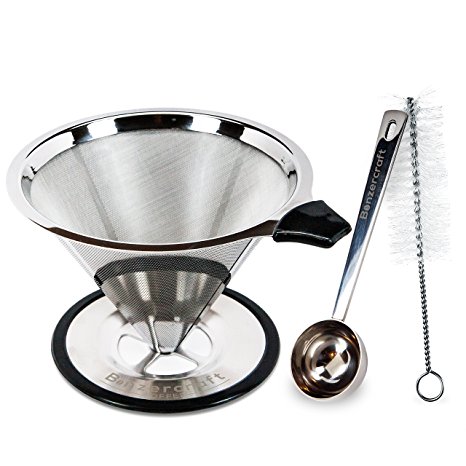 Bonzercraft Pour Over Coffee Dripper - Stainless Steel Cone - Double Mesh Reusable Filter With Scooping Spoon - Ultra Fine Cleaning Brush - No Need For Paper Filters - Perfect Cup Drip - Easy To Clean