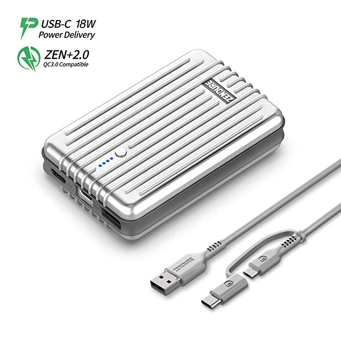 Zendure A3PD Power Bank 10000mah, (Durable) (18W PD & QC 3.0) USB-C External Battery Charger with Dual USB Output (3A), Compact Portable Charger for iPhone, iPad, Nintendo Switch, Samsung - Silver