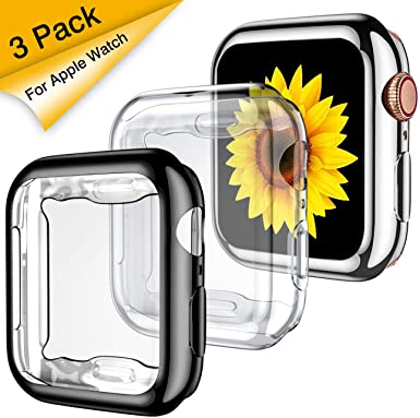 GEAK 3 Pack Compatible with Apple Watch Case 38mm,Soft HD High Sensitivity Screen Protector with TPU All Around Anti-Fall Bumper Protective Case Cover for iWatch Series 3/2/1 38mm Black/Clear/Silver