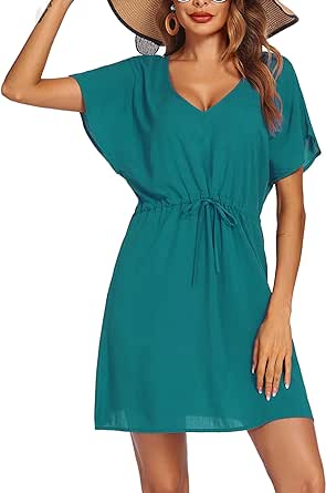 Ekouaer Womens Swimsuit Coverup Short Sleeve Beach Cover Up Dress V Neck Bikini Beachwear