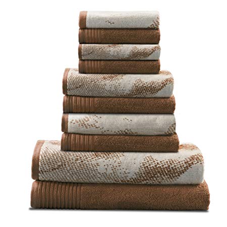 Superior 100% Cotton Marble Effect 10-Piece Towel Set, Solid and Luxurious Marble Pattern Jacquard, Super Soft, Plush and Absorbent, 2 Bath Towels, 4 Hand Towels, 4 Wash Cloths - Brown