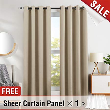 Blackout Curtains Bedroom Triple Weave Light Blocking Window Curtain Panels Living Room 84 inches Long Sheer Curtain Blackout Curtain Set, Tan (2 Blackout Curtains 1 Sheer Curtain)