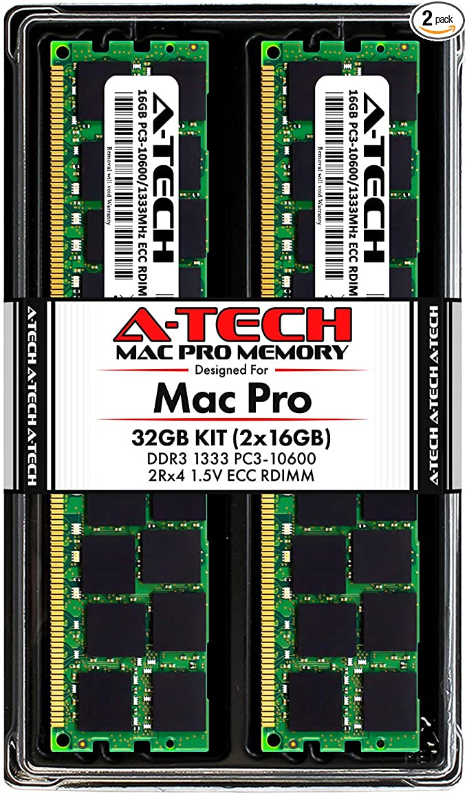 A-Tech 32GB Kit (2x16GB) ECC RDIMM Memory for Mac Pro Mid 2010 & Mid 2012 (MacPro5,1) | DDR3 1333MHz ECC Registered DIMM PC3-10600 Dual Rank 2Rx4 1.5V 240 Pin RAM Upgrade