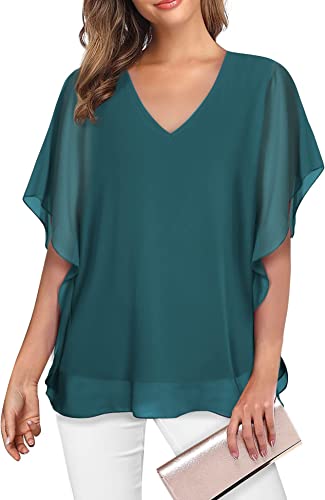 Lotusmile Women's Loose Flouncing Flutter Sleeve Double-Layered Shirt Chiffon Elegant Dressy Blouse Work Tops