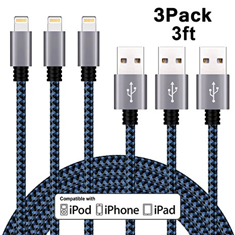 Sundix Lightning Cable 3Pack 3FT 8Pin iPhone Charger, Premium Nylon Braided USB Charging Cord Compatible with iPhone 7 7 Plus 6 6s 6 plus 6s plus 5 5s 5c se,iPad, iPod & More (Black & Blue)