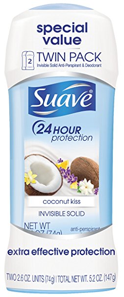 Suave Invisible Solid Twin Pack Antiperspirant Deodorant, Coconut Kiss, 2.6 Ounce