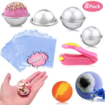 Buluri 8pcs 4 Size DIY Bath Bomb Mold Kits with 100 PCS Shrink Wrap Bags and A Mini Sealer for Bath Bomb Making, Handmade Soaps and Crafts