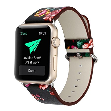 Bracelet for Apple Watch, National Black White Floral Printed Leather Watch Band 38mm 42mm Strap for Apple Watch Flower Design Wrist Watch Bracelet