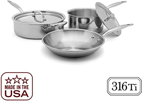 Heritage Steel 5 Piece Essentials Cookware Set - Titanium Strengthened 316Ti Stainless Steel with 7-Ply Construction - Induction-Ready and Dishwasher-Safe, Made in USA