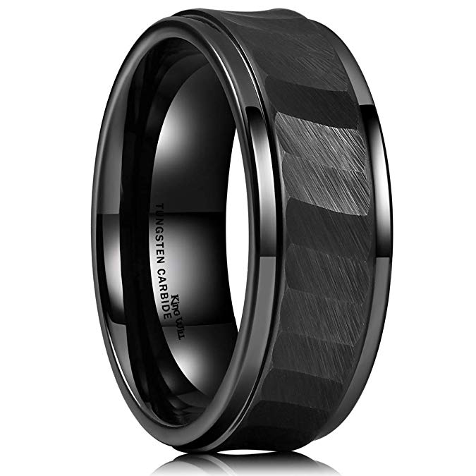 King Will Hammer 8mm Black/Silver Tungsten Carbide Ring Hammered Brushed Mens Wedding Band Comfort Fit