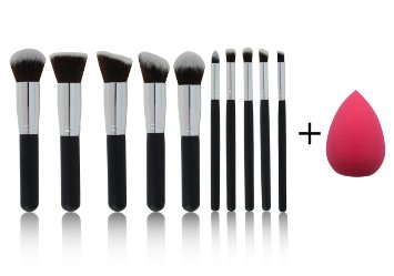 NEW 10 Piece Professional Kabuki Contouring Makeup Brush Set with Taklon Synthetic Hair for Face Cheeks and Eyes Liquid Cream Powder Mineral Make Up BONUS Complexion Beauty Sponge Blender