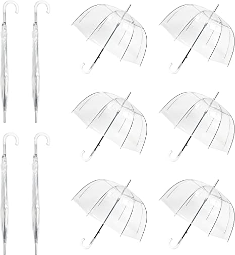 WASING 10 Pack 46 Inch Clear Bubble Umbrella Crystal Handle Large Canopy Transparent Stick Umbrellas Auto Open Windproof with European J Hook Handle Outdoor Wedding Style Umbrella for Adult