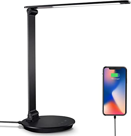 Metal LED Desk Lamp with USB Charging Port,5 Color Temperatures,6 Brightness Levels, Auto-Off Timer, State Memory, Eye-Caring Desk Light with Multiple Angle Adjustments for Home Office