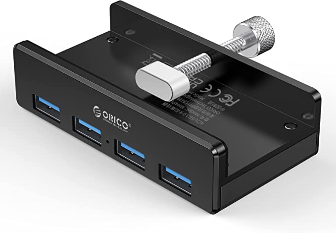 ORICO USB 3.0 HUB, Monitor-Edge and Desk-Edge USB 3.0 4-Port Clip-Type Hub, Extra Power Supply, Space-Saving, Compact USB 3.0 Clamp Hub, Ultra-Portable Travel Hub for Laptop (Black)