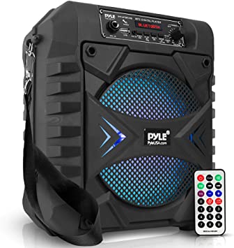 Portable Bluetooth PA Speaker System - 300W Rechargeable Outdoor Bluetooth Speaker Portable PA System w/ 8” Subwoofer, AUX, Microphone in, Party Lights, MP3/USB, Radio, Remote - Pyle PPHP854B, Black