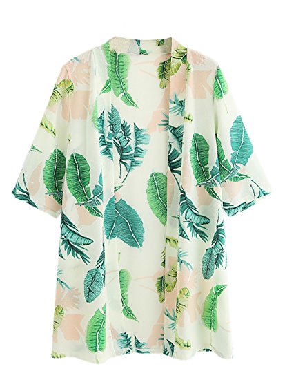 Romwe Women's Casual Summer Allover Tropical Print Half Sleeve Kimono Cardigan