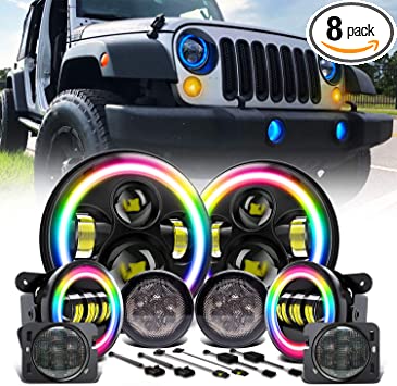 DOT Approved QuakeWorld 7" RGB Halo LED Headlights   4" LED Fog Lights Bluetooth Color Changing Turn Signal   Front Side Marker Fender Flare Lights for 2007-2017 Jeep Wrangler JKU JK Rubicon Unlimited