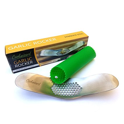 Cookwizard Garlic Rocker with Green Silicone Peeler - New Design Stainless Steel Sharp Garlic Press in Premium Gift Box - Easy Crusher Mincer and Chopper