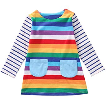 BiggerStore Cute Toddler Baby Kids Girl Long Sleeve Striped Rainbow Party Princess Dress Spring Autumn Clothes