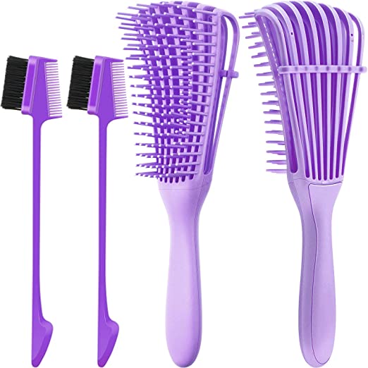 2 Pieces Detangling Brush Detangler and 2 Pieces Edge Brush Double Sided Hair Comb, Clean Knots for 3a to 4c Hair Textured Kinky Wavy Curly Wet Dry Oil Matted Hair (Purple)