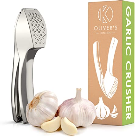 Oliver's Kitchen ® Premium Garlic Press - Super Easy to Use & Clean Garlic Crusher - Crush Garlic & Ginger Effortlessly (No Need to Peel) - Built for Life - Strong & Durable - Slick, Stylish Design