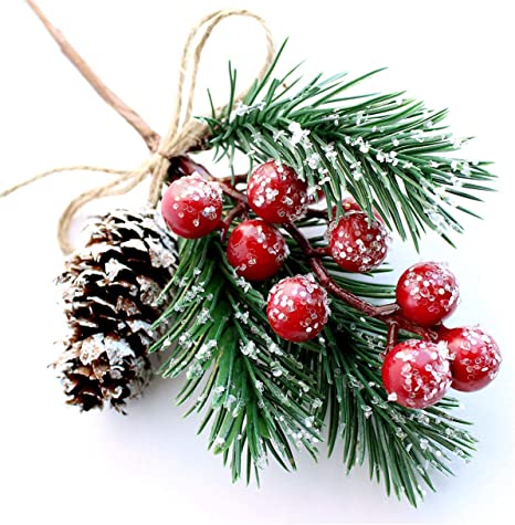 Red Berry Stems Pine Branches Evergreen Christmas Berries Décor 8 PCS Artificial Pine Cones Branch Craft Wreath Pick & Winter Holiday Floral Picks Holly Stem for Decoration DIY Xmas Garland Crafts