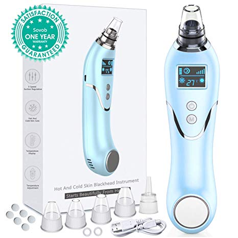 Sovob Blackhead Remover Vacuum Pore Cleaner 2019 Electric Blackhead Removal Acne Comedone Extractor Tool with Hot and Cold Care LED Display USB Rechargeable 5 Adjustable Suction Power 5 Probes