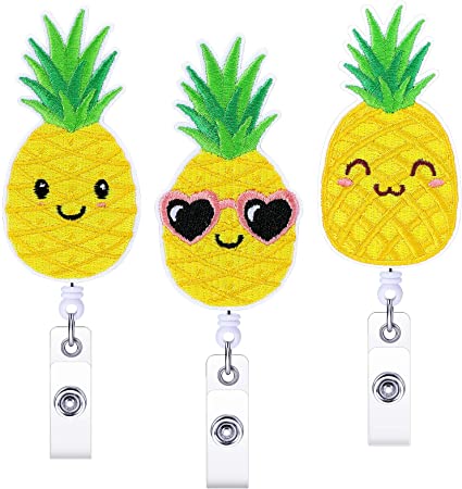 3 Pieces Pineapple Badge Reel Holder Summer Felt Embroidered Retractable Badge Reel Holder with Alligator Swivel Clip Cute Name Card Holder for Nurse Volunteer Student Office Worker