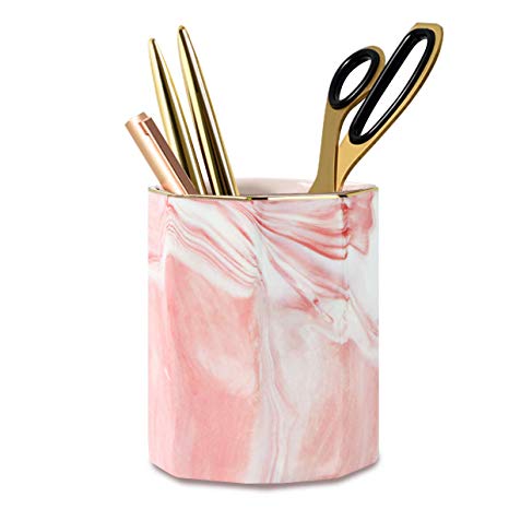 WAVEYU Pen Holder for Girls, Stand for Desk Marble Pattern Pencil Cup for Kids Durable Ceramic Desk Organizer Makeup Brush Holder Ideal Gift for Daily Use in Office, Classroom, Home, Pink Marble