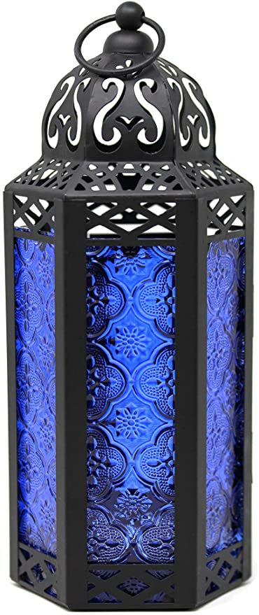Vela Lanterns Moroccan Style Candle Lantern, Medium, Cobalt Glass