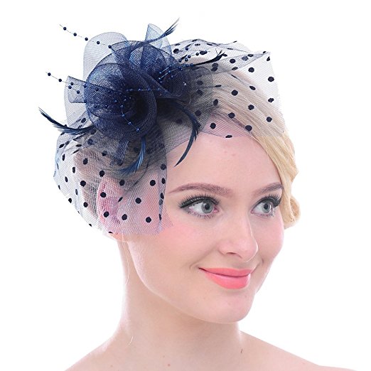 FAYBOX Big Flower Mesh Bow Feather Women Fascinator Dot Veil Hair Clip Wedding