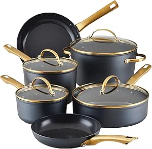 Farberware Forged Induction Ceramic Nonstick Pots and Pans Set with Lids and Kitchen Cooking Tools - Dishwasher Safe, Suitable for All Stovetops, 12 Piece Cookware Set - Black and Gold