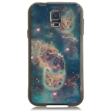 Unnito Samsung Galaxy S5 Hybrid Case, [Dual Layer] *1 Year Warranty* Case Protective [Custom] Commuter Protection Cover (Black - Cat Nebula)