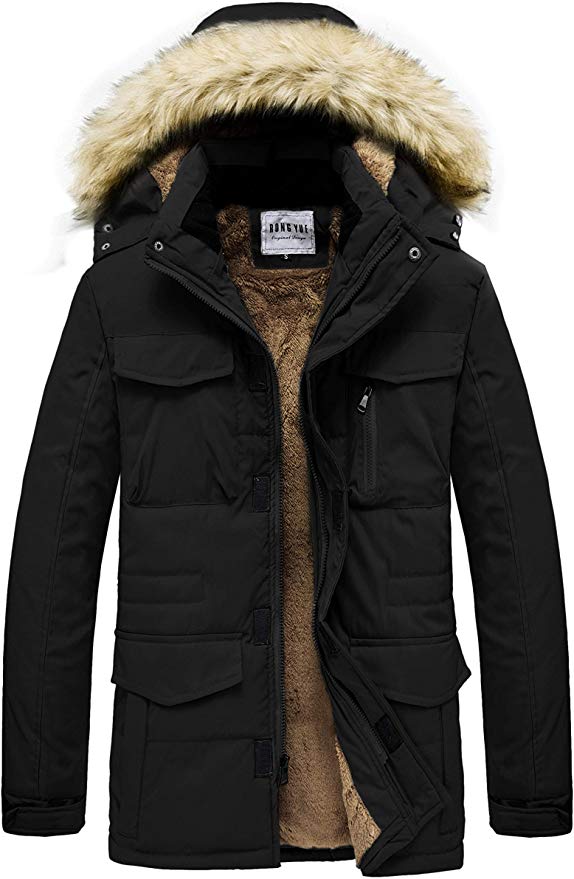 RongYue Men's Winter Thicken Coat Faux Fur Lined Quilted Jacket with Removable Fur Hood