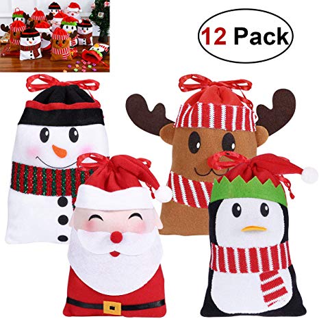 Hemoton 12PCS Christmas Candy Bags Gift Treat Bags for Favors and Decorations Super Cute Snowman Santa Claus Deer Penguin