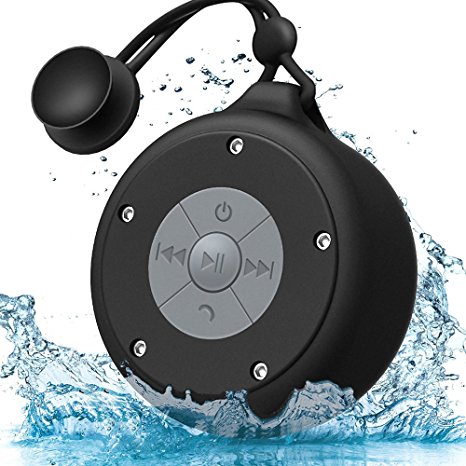 AOOE Portable Shower Speaker Bluetooth 4.0 Outdoor Wireless Speakers Waterproof 5W Powerful Driver Microphone for Handsfree Calls, Suction Cup and Buckle, Compatible with All Bluetooth Devices(Black)