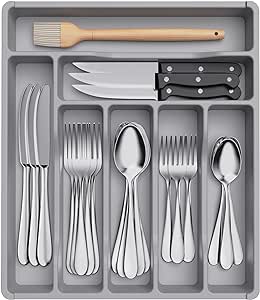 Lifewit Silverware Drawer Organizer Tray, Plastic Cutlery Storage for Kitchen Drawer, Flatware and Utensil Holder Divider for Spoons Forks Knives Tableware, 7 Compartment, Gray