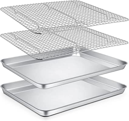 P&P CHEF Baking Sheets and Racks Set (2 Pans   2 Racks), Stainless Steel Baking Sheet Oven Tray and Cooling Grid Rack for Cookies Meats, Size 16 x 12 x 1 Inch, Oven & Dishwasher Safe