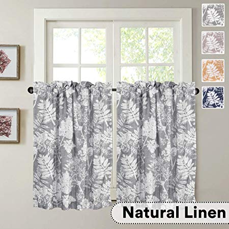 H.VERSAILTEX Rich Linen Window Panel Curtains Leaf Print Design Draperies for Living Room Casual Weave Textured Privacy Linen Blended Window Curtains, 2 Panels, Grey, 58" W x 36" L Pair of Tiers