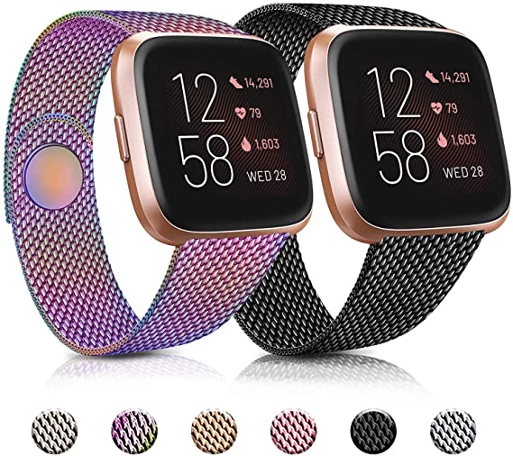 Pack 2 Metal Loop Bands Compatible for Fitbit Versa 2 / Fitbit Versa SE/Fitbit Versa Lite, Stainless Steel Mesh Breathable Wristband with Adjustable Magnet Lock (Black   Colorful, Small)