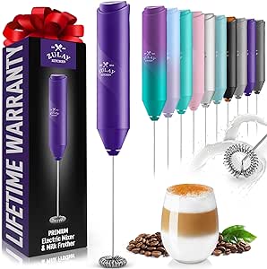 Zulay Kitchen Powerful Milk Frother Wand - Mini Milk Frother Handheld Stainless Steel - Battery Operated Drink Mixer for Coffee, Lattes, Cappuccino, Matcha - FrothMate Milk Frother Gift, Deep Purple