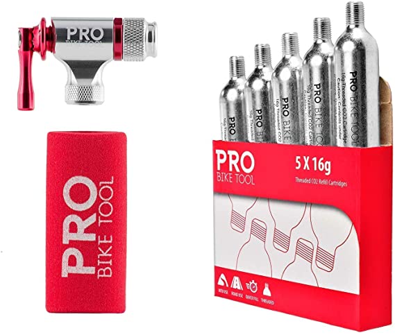 PRO BIKE TOOL CO2 Inflator   5 x 16g Threaded CO2 Cartridges Bundle - Quick & Easy - Presta and Schrader Valve Compatible - Bicycle Tire Pump for Road and Mountain Bikes