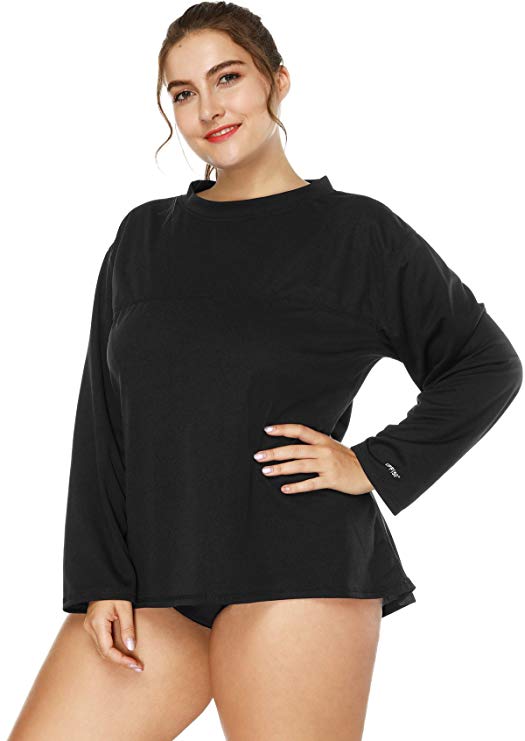 ATTRACO Women's Plus Size Long Sleeve Rashguard Top Loose Swim Suit UPF 50