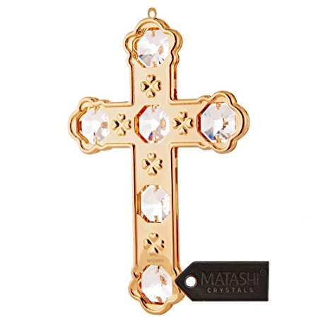 24K Gold Plated Highly Polished Cross Ornament Made with Genuine Matashi Crystals