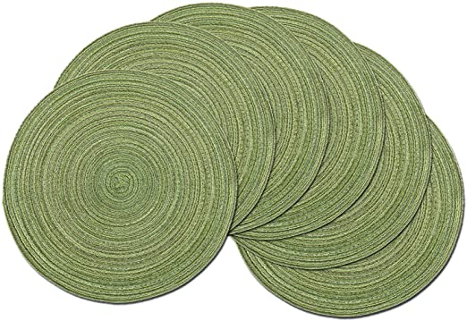 SHACOS Round Placemats Set of 6 for Dining Tables 15 inch Cotton Braided Placemats Washable Reversible for Kitchen Holiday Party (Pea Green, 6)
