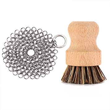GAINWELL Stainless Steel Chainmail Scrubber Set Cast Iron Cleaner 4in with Wood Scrub Cleaning Brushes