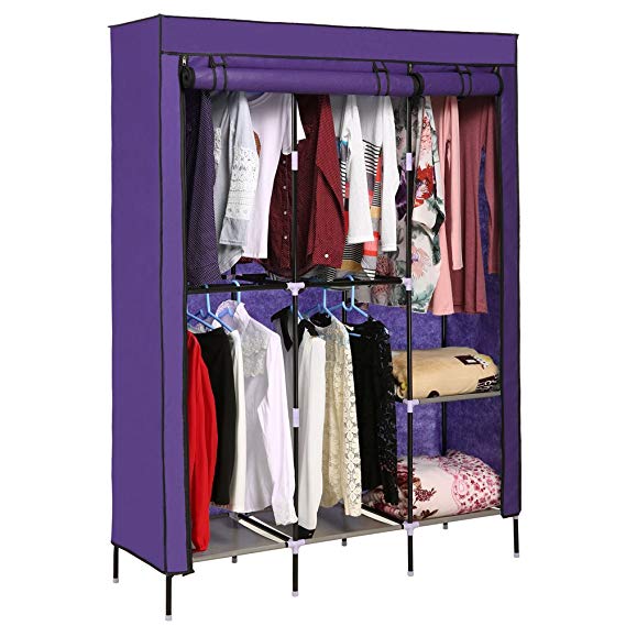 Aceshin Portable Wardrobe Fabric Double Rod Clothes Closet Storage Organizer Cabinet (Violet)