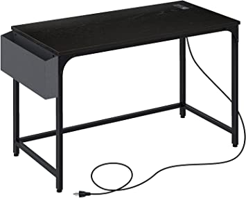 Rolanstar Small Computer Desk, Home Office Writing Desk with Power Outlet,Study Table with Side Storage Bag and Iron Hooks, Workstation, Modern Simple Style, Stable Metal Fram,Black,39"